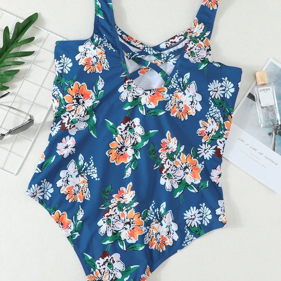 Floral Print Criss Cross U-neck One-piece Swimsuit - Picture 8 of 14